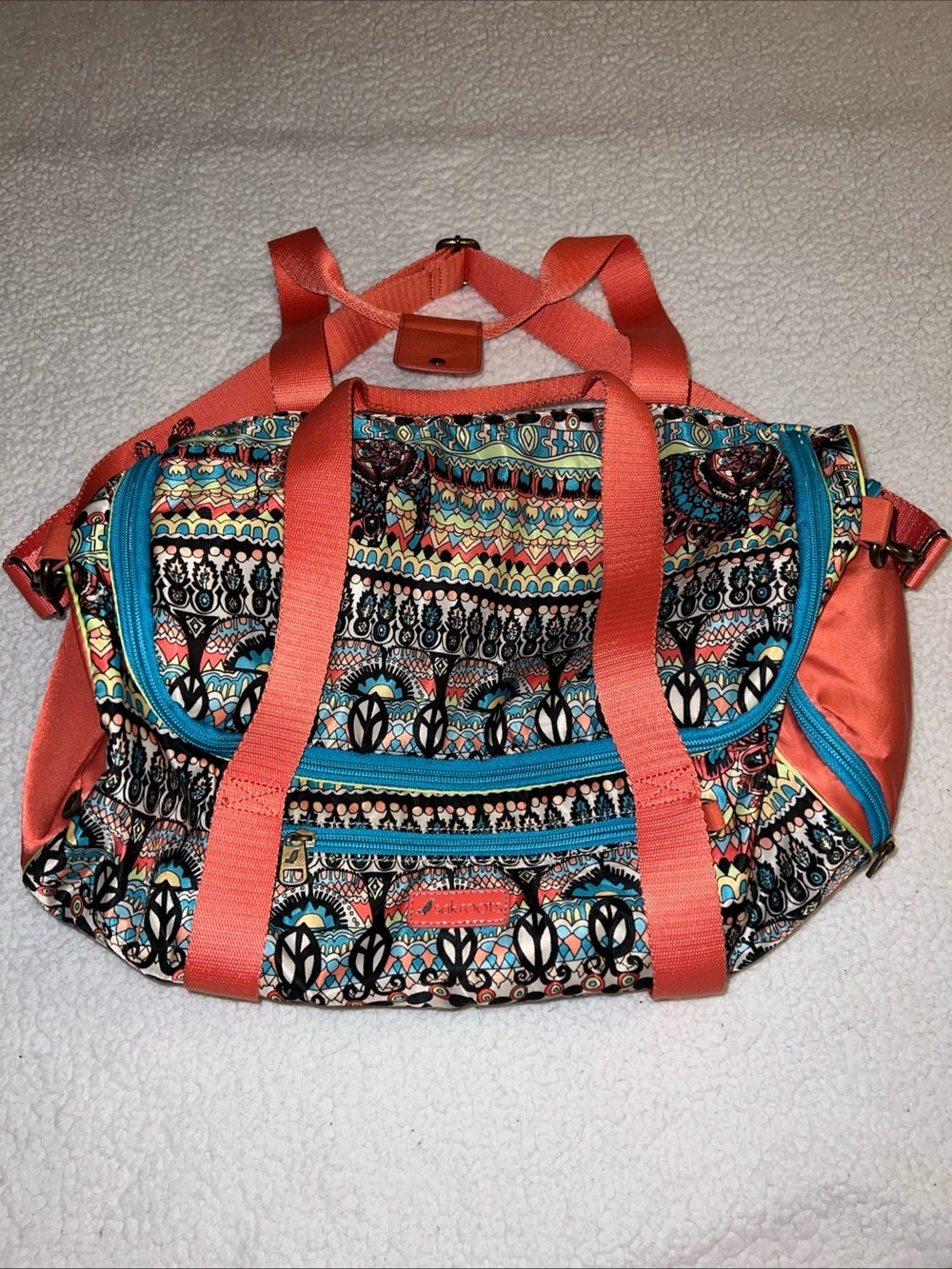 Sakroots On The Go Yoga Travel Bag With Strap Peace Sign Orange Teal